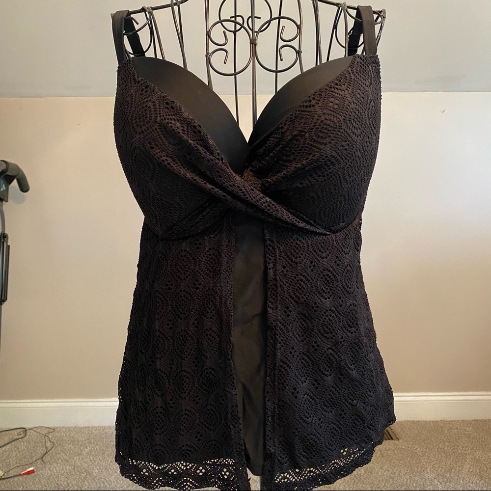 Tankini bathing suit top size 16, black with black Lacey overlay. Like new